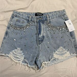 Buckle bedazzled jean shorts